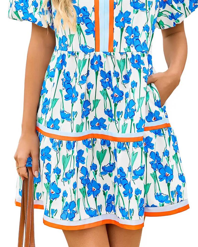 Klänning V-Hals Blommig Bubbla Ärm Patchwork