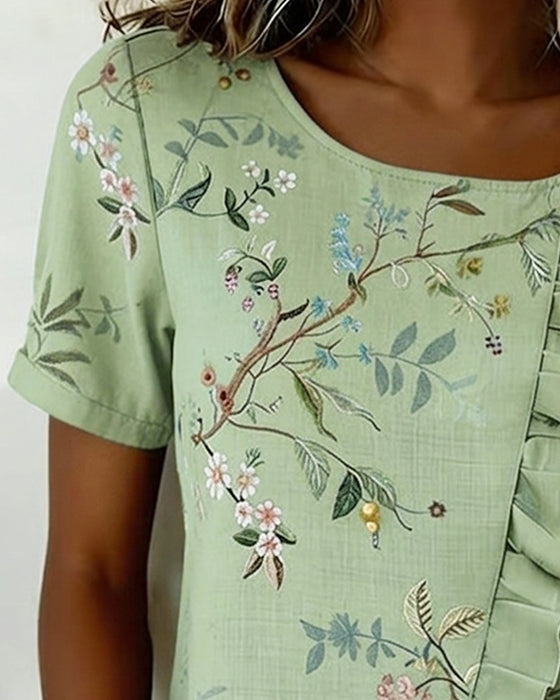 Blus Rundhalsad Kortärmad Rynkad Blommig