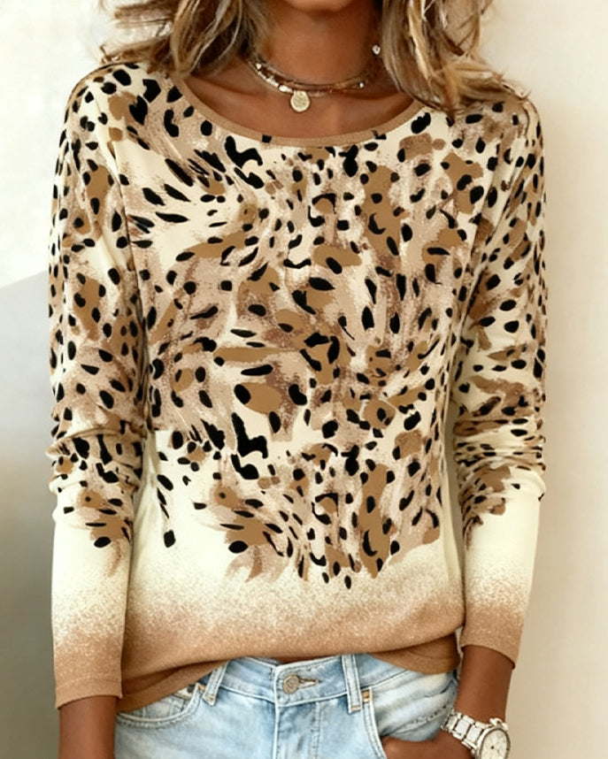 Casual Topp Med Leopardtryck Och Rund Halsringning