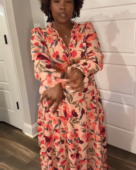 Klänning V-Ringad Lång Ärm Blommig