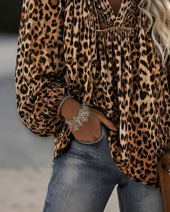 Blus V-Hals Leopard Tryck Rynkad Puffärm