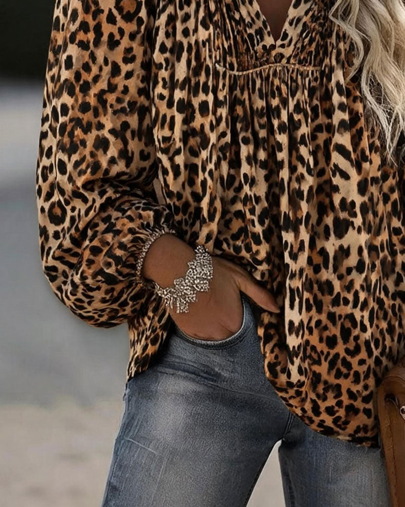 Blus V-Hals Leopard Tryck Rynkad Puffärm