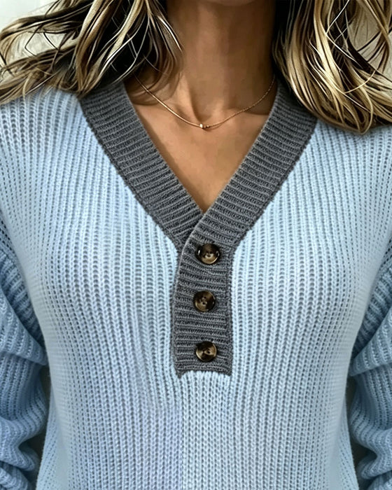 Pullover V-Hals Färgblock Knapp