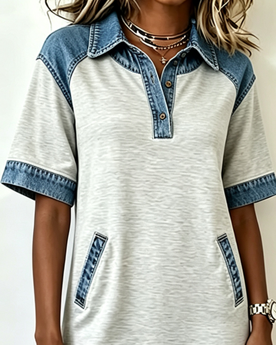 Klädning Skjortkrage Denim Patchwork Ficka