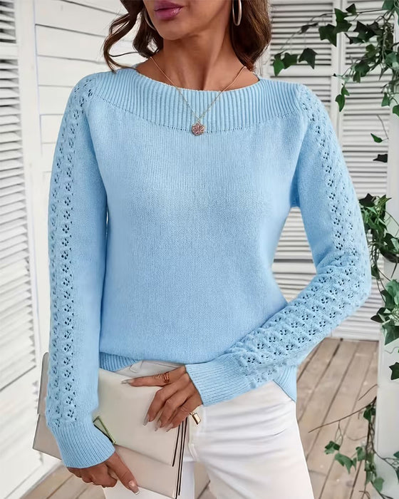Pullover Båtringning Hål Ut Lång Ärm Stickad