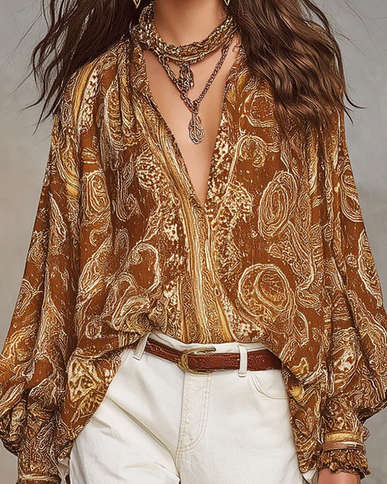 Blus V-Hals Tryck Casual