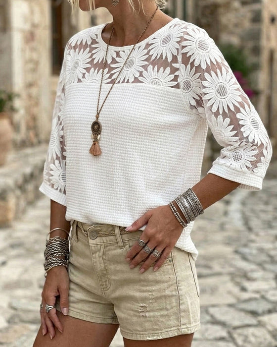 T-Shirt Runda Halsen Spets Vaffel Patchwork