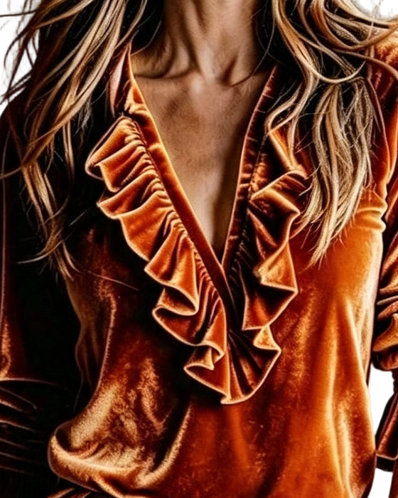 Blus V-Hals Ruffle Knyt
