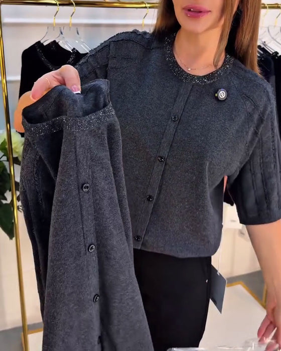 Pullover Rundhals Kort Ärm Enkelknäppt