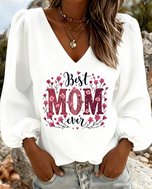 Blus V-Hals Lykta Ärm Tryck