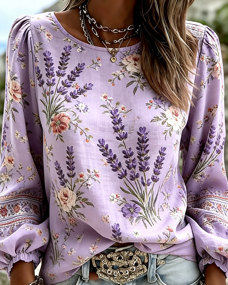 Blus Lavendel Blommigt Print Lyktaärm
