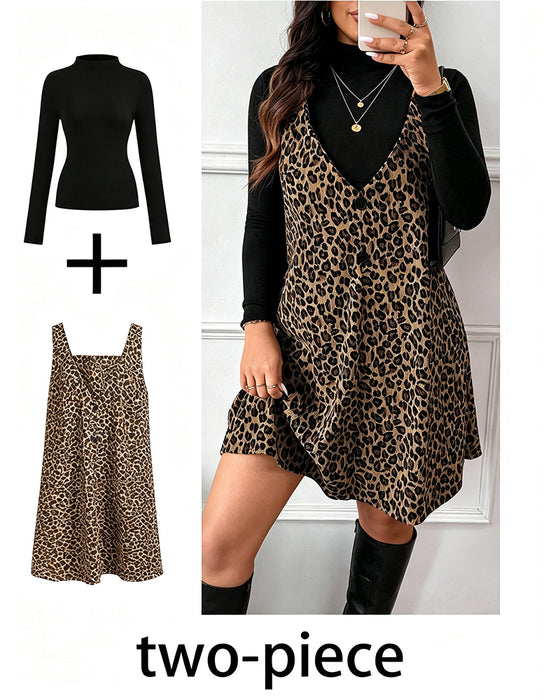 Set Turtleneck Slim Fit Leopardmönstrad Hängselkjol