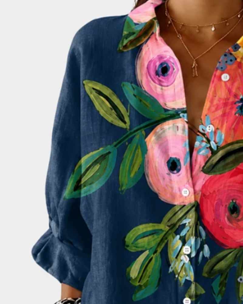 Skjorta Med Långa Ärmar Och Blommönster I Oljemålningstil
