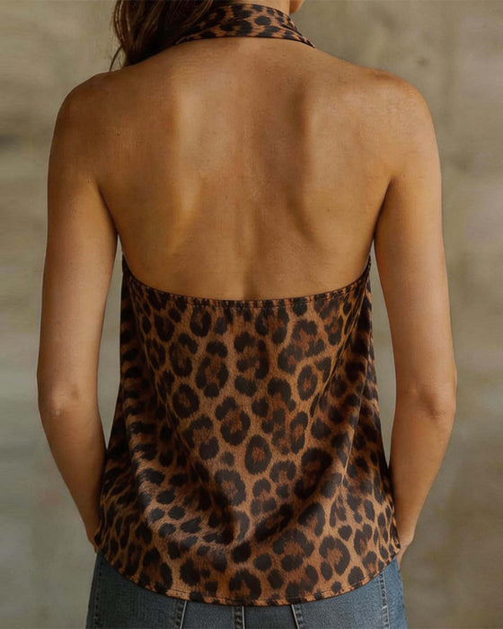 V-Neck Halter Leopard Sleeveless Blouse