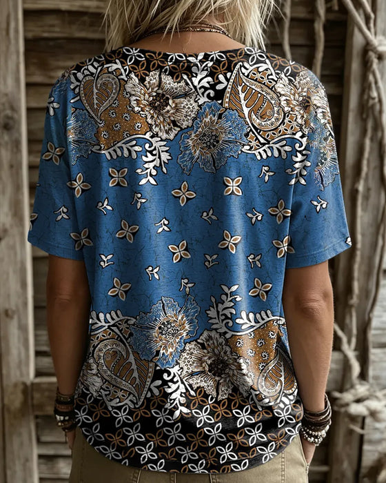 T-Shirt Vintage Blommig Färgblock Rundhals