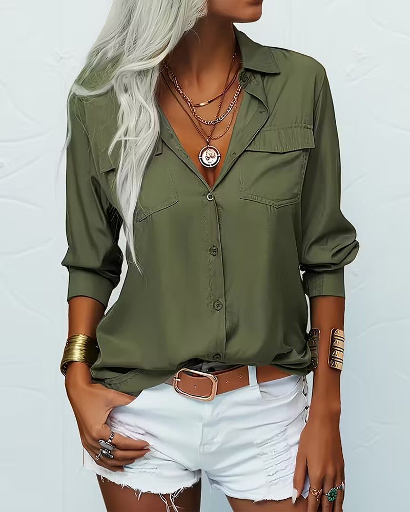 Kvinnors Skjorta Med Dubbel Lomme Detalj, Enfärgad Design