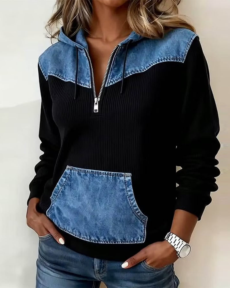Huvtröja Dragkedja Denim Patchwork