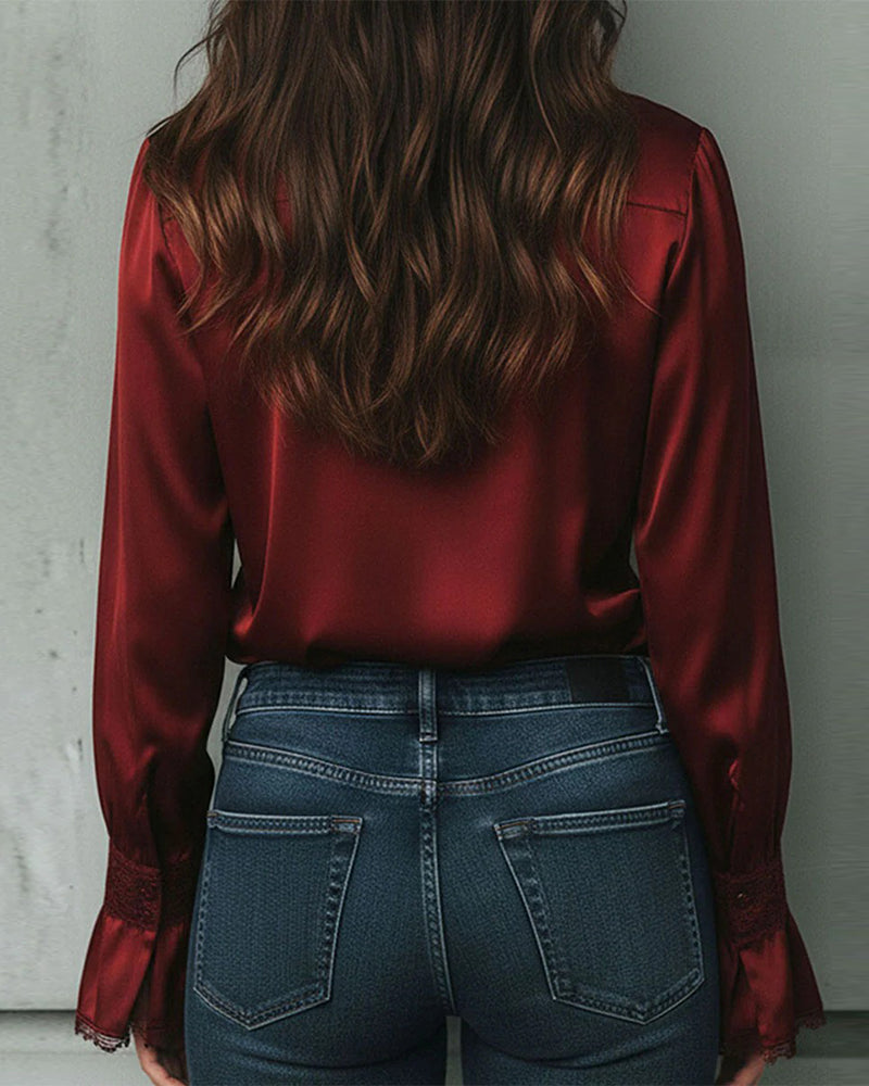 Blus Satäng Spetsinsatt Krage