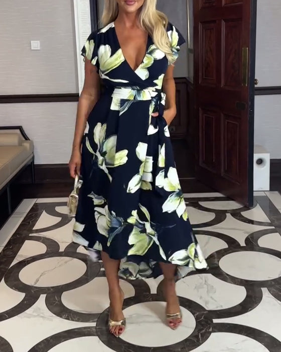 Klänning V-Ringad Blommigt Tryck Midja Kortärmad