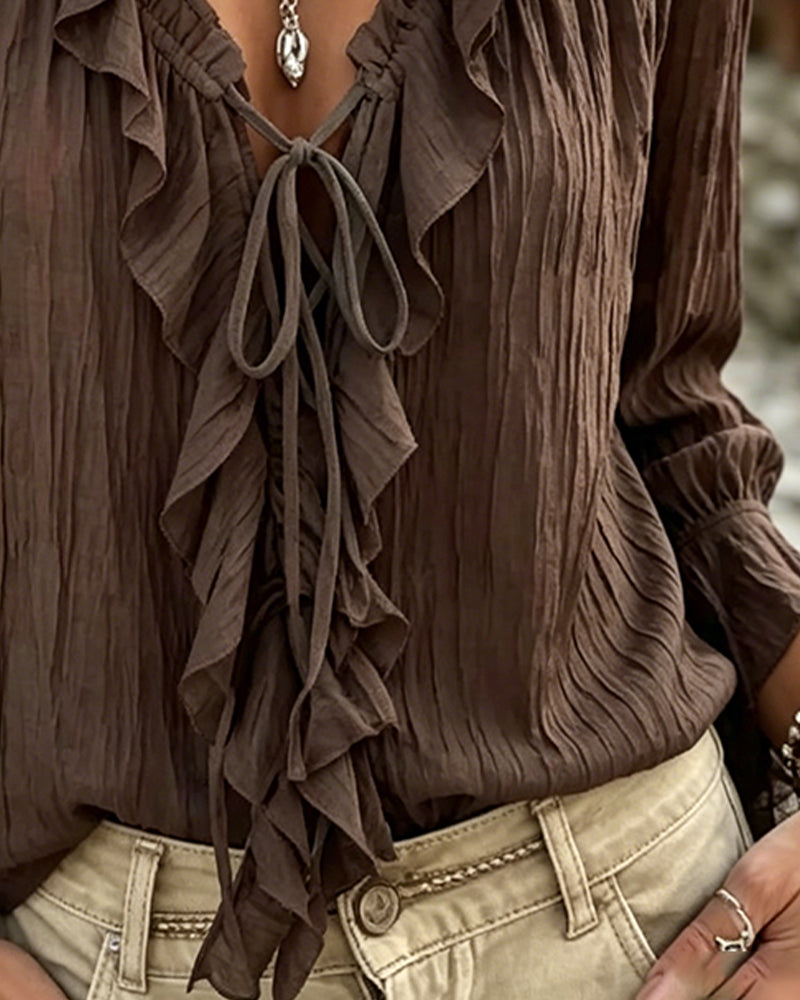 Blus Ruffle Trim Snörning Lång Ärm