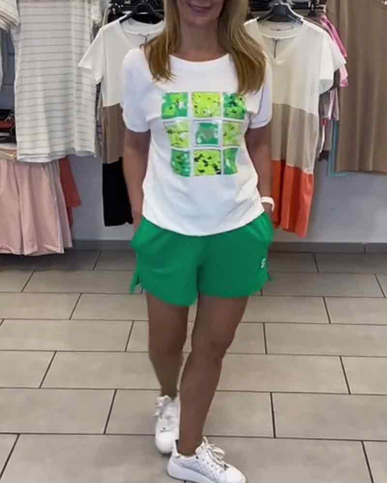 Set Casual Mönstrade Shorts Med Mellanhög Höjd