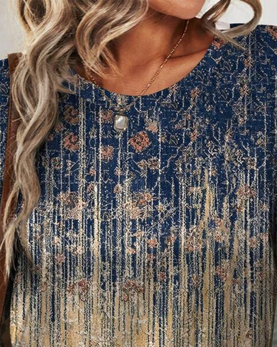 Topp Retro Rund Halsringning Tryckt Långärmad