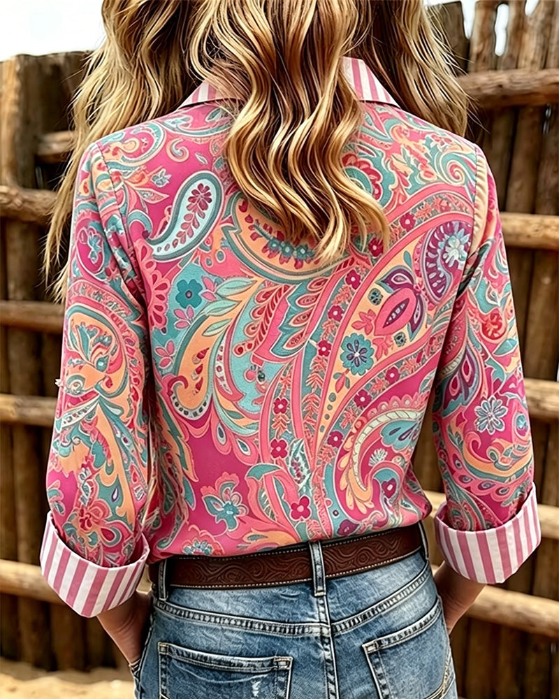 Blus Patchwork Blommig Tryck Casual