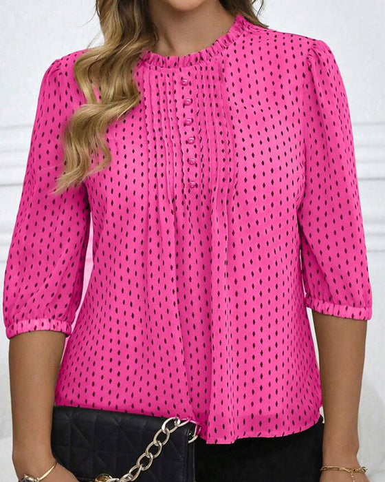 Blus Ruffle Trim Lös Polka Dot