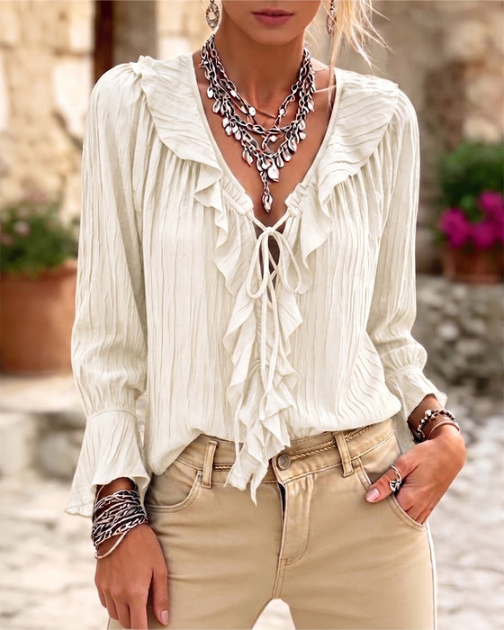 Blus Ruffle Trim Snörning Lång Ärm