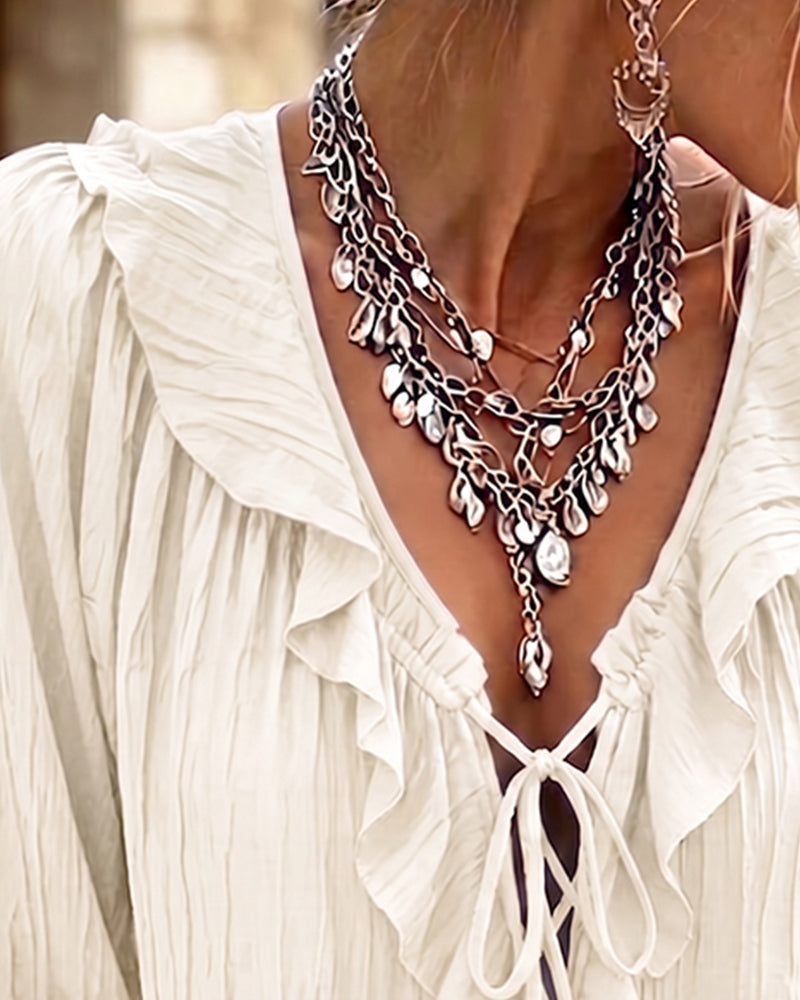 Blus Ruffle Trim Snörning Lång Ärm