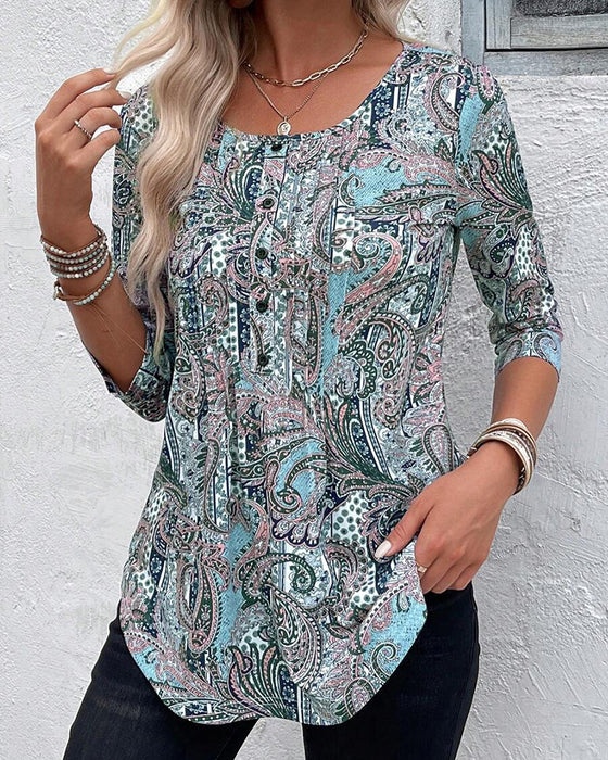 Blus Trekvartsärm Vintage Tryck