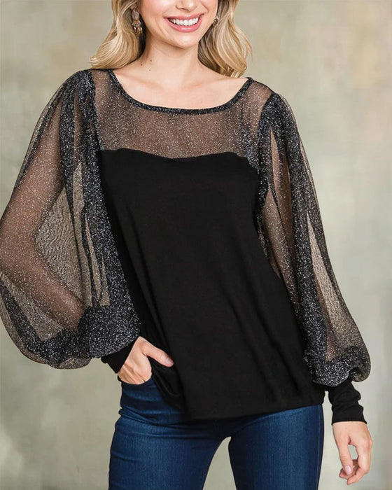 Blus Sheer Puffärm Panel Avslappnad