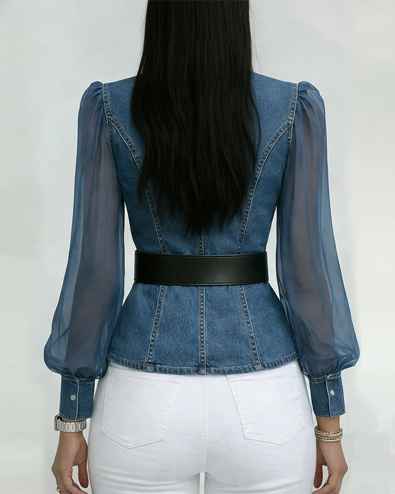 Blus I Elegant Mesh Och Denim