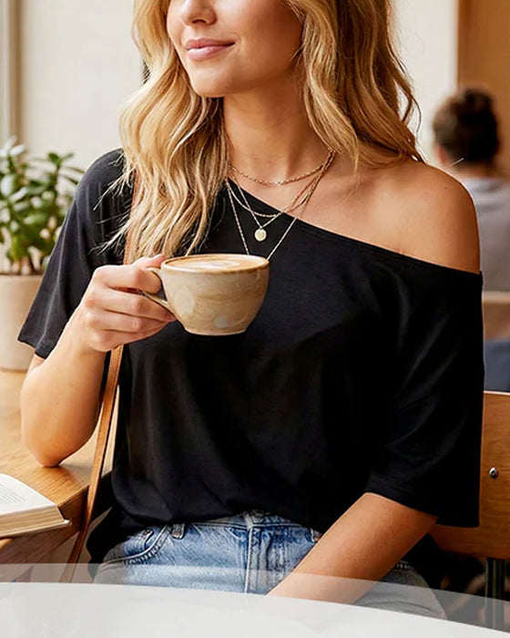 Set Kvinnors Off-Shoulder Loose Fit Topp 2-Delar