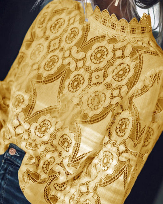 Blus Sexig Genomskinlig Långärmad Ståkrage Spets