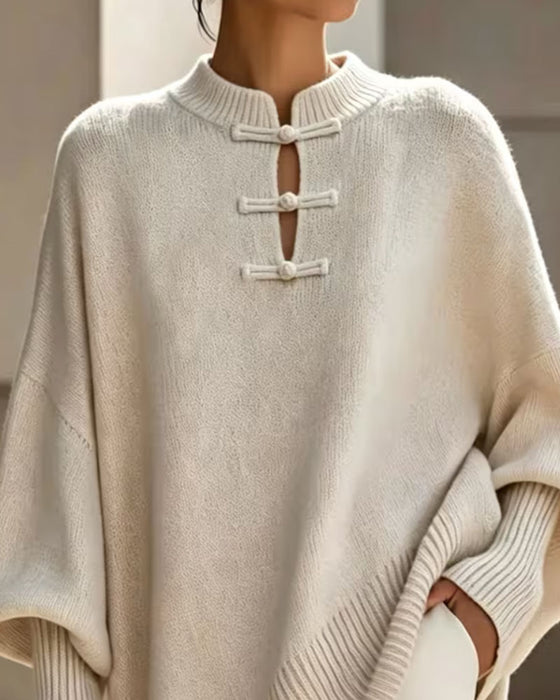 Pullover Mandarin Knut Knapp Loose Fit Cape