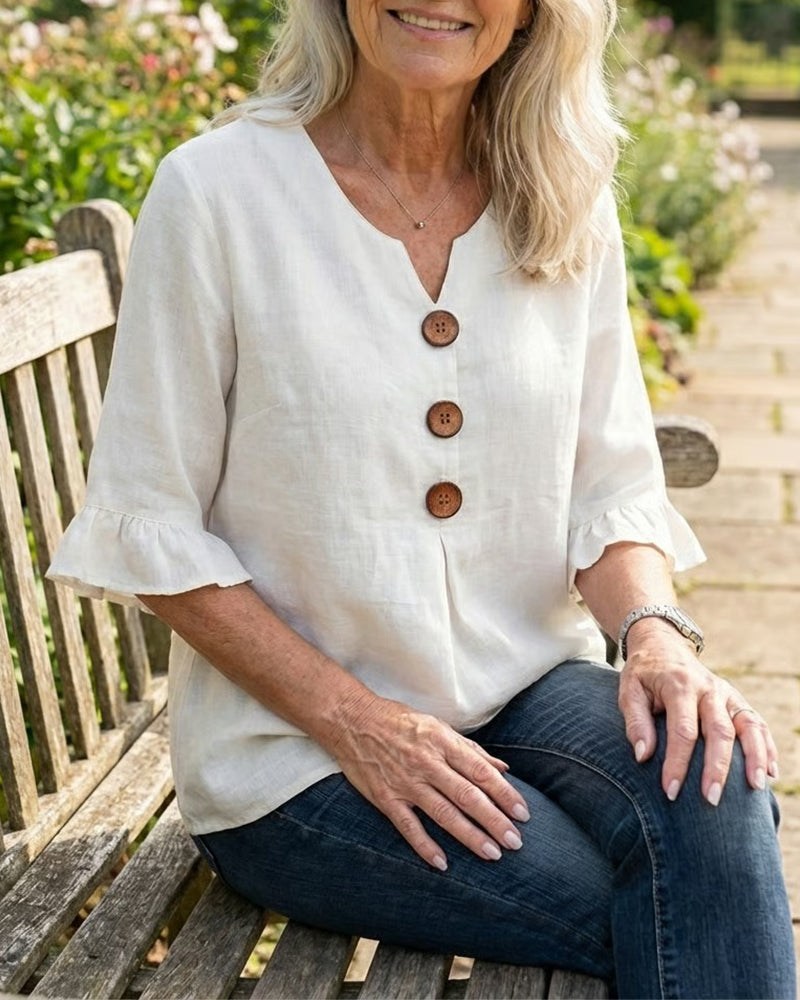 Blusar Enfärgad Bomullslinne Träknappar Rynkningar