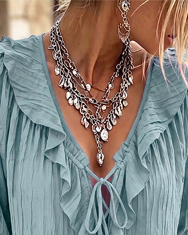 Blus Ruffle Trim Snörning Lång Ärm