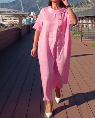 Klänning Krage Knapp Kort Ärm Shift