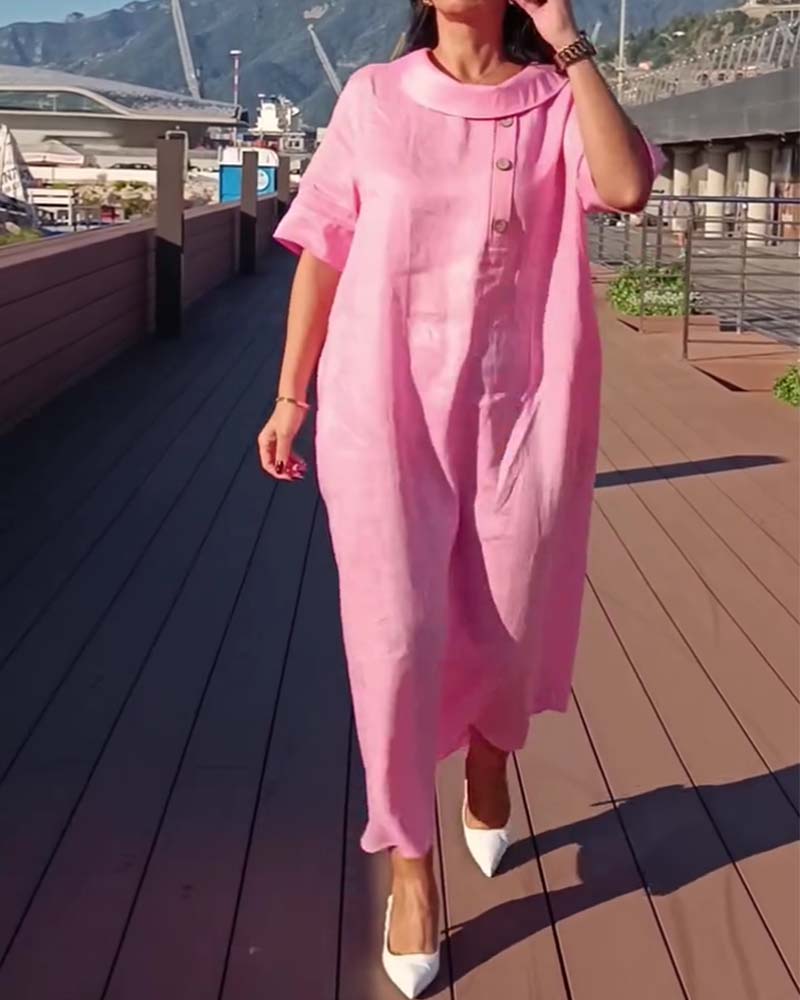 Klänning Krage Knapp Kort Ärm Shift