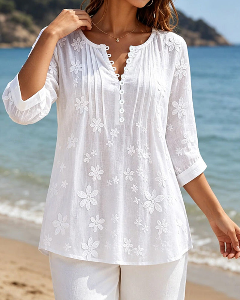 Blus Knapp Fram Rynkad Blommig Solid