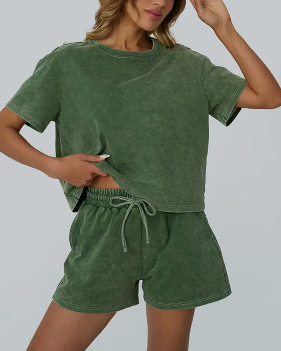 Set Med Tvättad Vintage Rundhalsad Casual