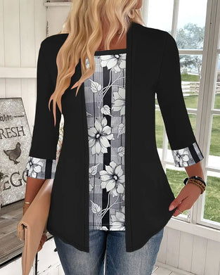 Tryckt Topp Med Lång Ärm Fejkad Tvådelad Design