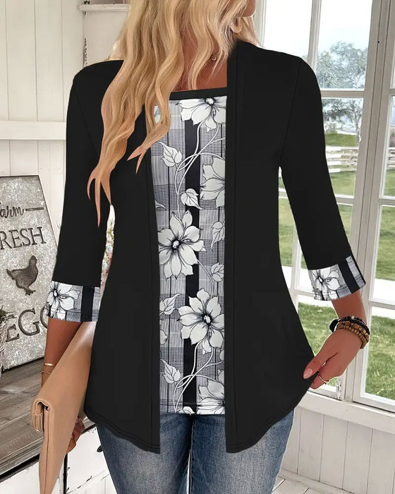 Tryckt Topp Med Lång Ärm Fejkad Tvådelad Design