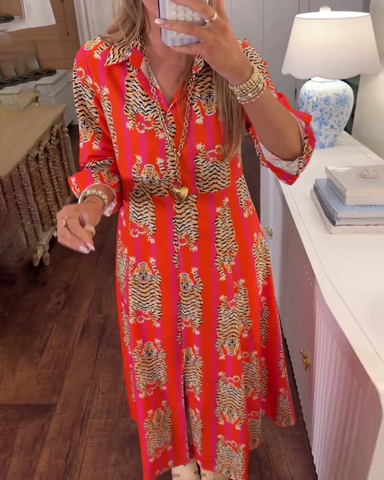 Klänning Lång Ärm Kavajslag Tryckt Lång