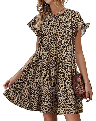 Klänning Ruffle Ärm Leopard Skiktad