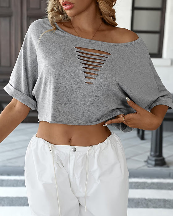 T-Shirts Off-Shoulder Asymmetrisk Rivna Rullfåll