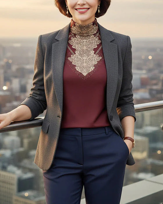 Topp Elegant Tryckt Åtsittande Dam Ståkrage