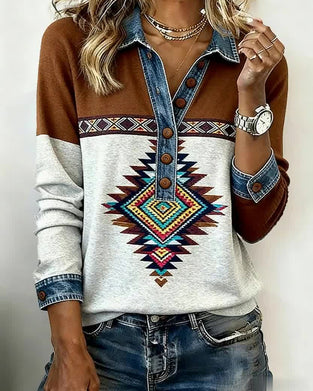 Tryckt Färgblockad Sweatshirt Med Knappkrage