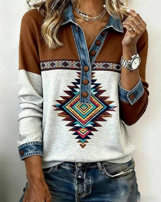 Tryckt Färgblockad Sweatshirt Med Knappkrage